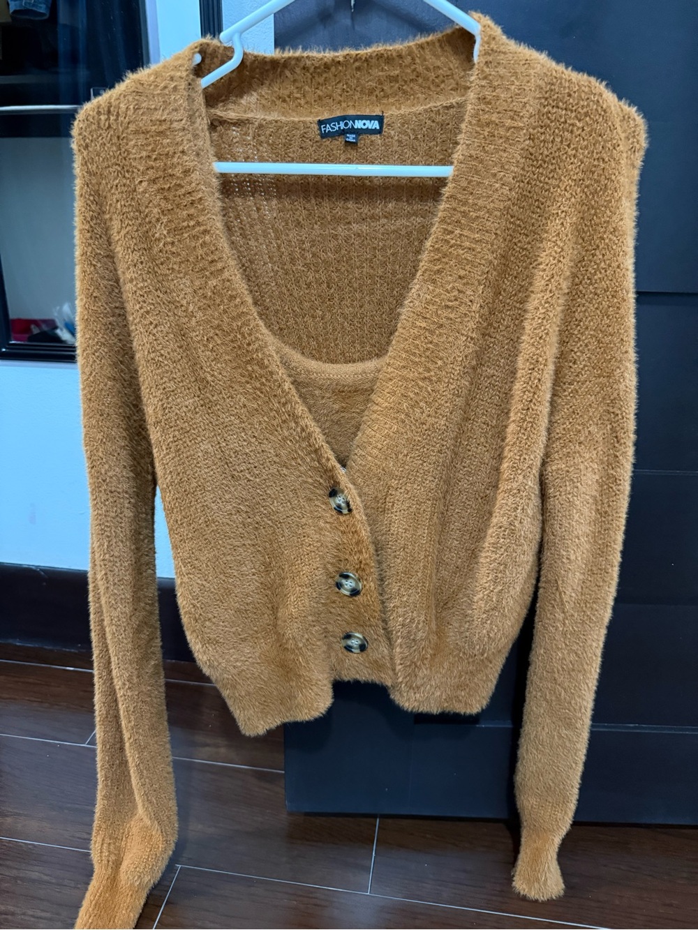 Fashion Nova Fuzzy Camel Brown Button-Up V-Neck Cardigan